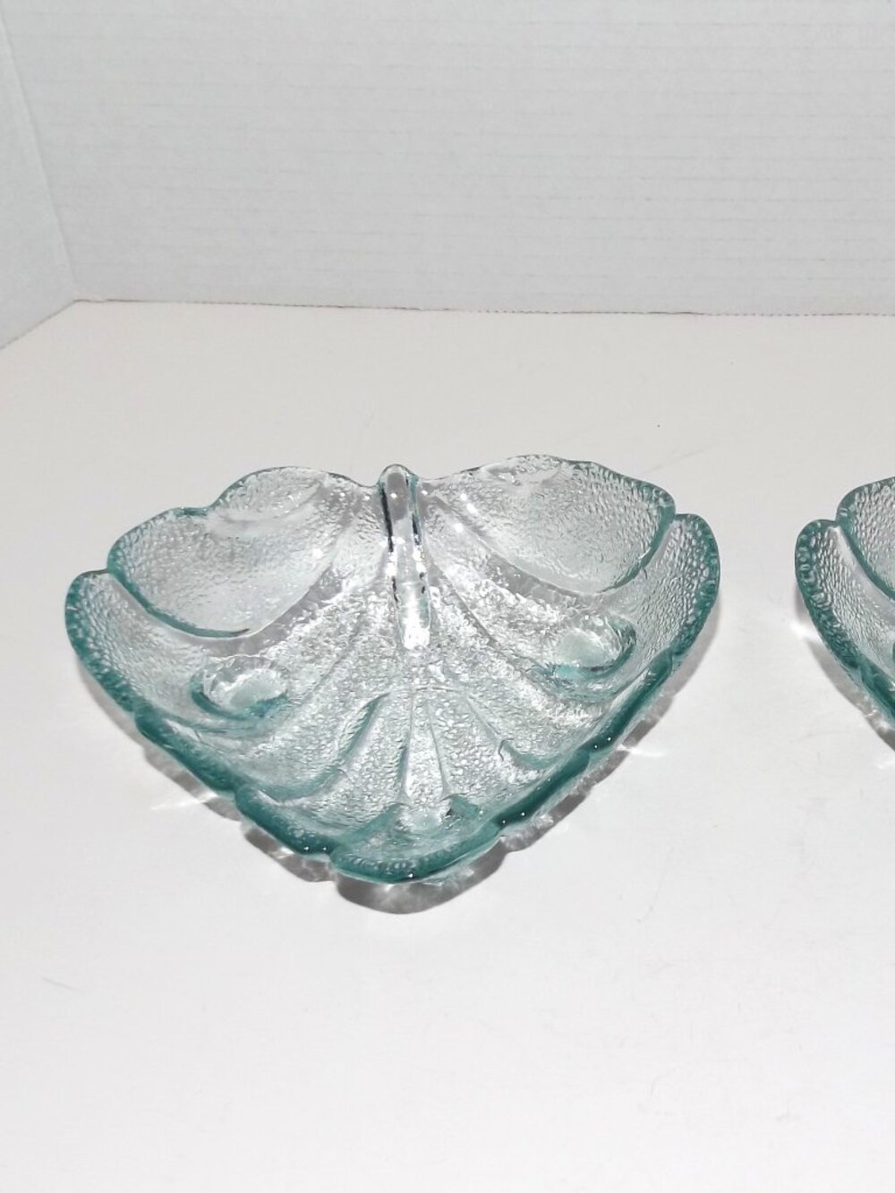 2 Vintage Aqua Blue Tinted Footed Leaf-Shaped Glass Trinket Candy Decor Bowls